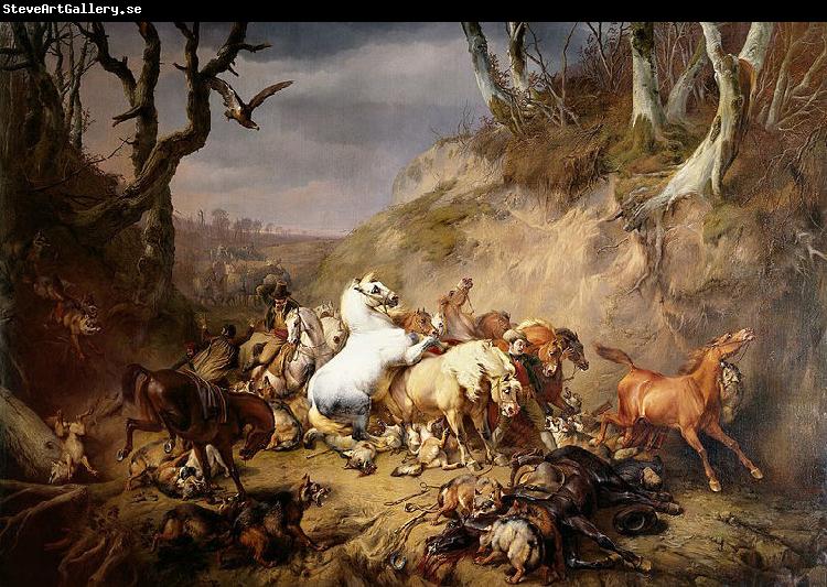 Eugene Verboeckhoven Hungry Wolves Attacking a Group of Horsemen